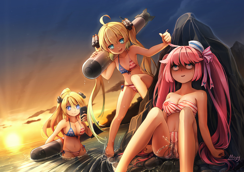 &gt;:) :d ahoge albacore_(zhan_jian_shao_nyu) american_flag_bikini archerfish_(zhan_jian_shao_nyu) arm_support arm_up bandeau bangs bare_arms bare_legs bare_shoulders barefoot bikini blonde_hair blue_eyes breasts cellphone cleavage cloud collarbone commentary_request dixie_cup_hat dutch_angle eyebrows_visible_through_hair flag_print flat_chest front-tie_bikini front-tie_top gradient_hair green_hair hair_between_eyes hair_flaps hair_grab hair_ornament hair_ribbon halter_top halterneck hat high_ponytail holding holding_cellphone holding_phone holding_torpedo large_breasts long_hair looking_at_another looking_at_phone military_hat mini_hat mtyy multicolored_hair multiple_girls navel ocean open_mouth outdoors pee peeing peeing_self phone pink_hair pink_ribbon print_bikini ribbon rising_sun rock rolling_eyes shiny shiny_skin side-tie_bikini sidelocks sitting sky smartphone smile standing strapless strapless_bikini striped striped_bikini striped_ribbon sunburst sunrise sunset sweat swimsuit taihou_(zhan_jian_shao_nyu) taking_picture torpedo turn_pale twintails v-shaped_eyebrows very_long_hair wading wet white_hat zhan_jian_shao_nyu