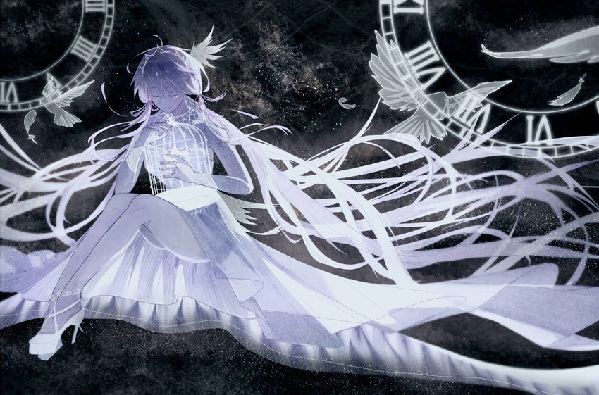absurdly_long_hair bangs bird birdcage bridal_gauntlets cage clock closed_eyes closed_mouth commentary_request eyebrows_visible_through_hair facial_mark feathers gloves hair_feathers high_heels legs limited_palette long_hair roman_numerals seezisong shoes sitting smile solo star very_long_hair vocaloid white_footwear xingchen