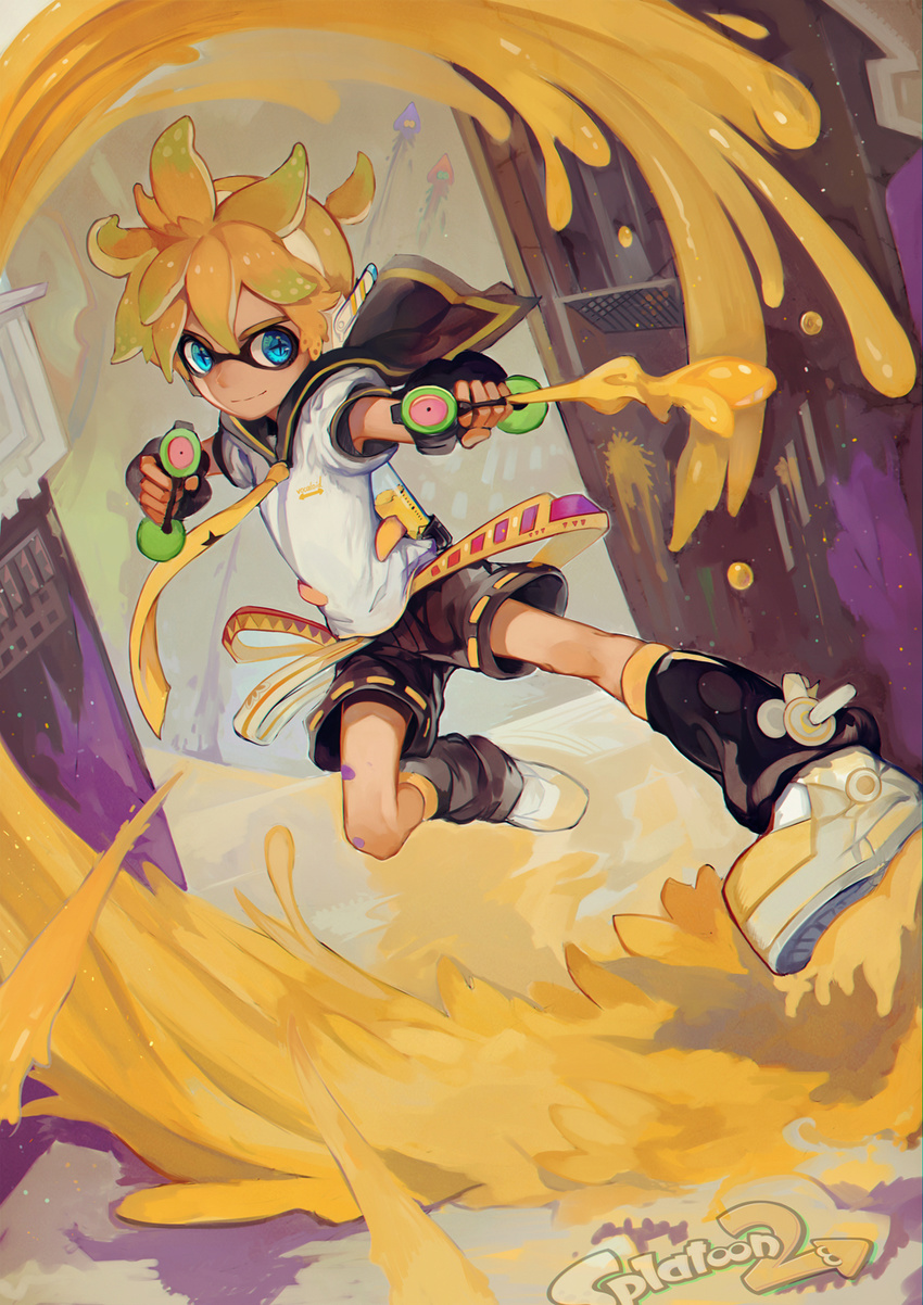 adapted_costume aiming_at_viewer armpit_peek bare_arms belt black_shorts blonde_hair blue_eyes building city closed_mouth copyright_name crossover domino_mask dual_wielding dutch_angle full_body fusion gokaku_no_nagareboshi hair_between_eyes headphones highres holding holding_weapon ink ink_tank_(splatoon) inkling kagamine_len leg_warmers logo looking_at_viewer male_focus mask monster_boy monsterification multiple_belts necktie outdoors puffy_short_sleeves puffy_sleeves sailor_collar shirt shoes short_ponytail short_sleeves shorts sliding smirk solo spiked_hair splat_dualies_(splatoon) splatoon_(series) splatoon_2 splatter squid star star-shaped_pupils super_soaker symbol-shaped_pupils tentacle_hair vocaloid weapon white_footwear white_shirt yellow_belt yellow_neckwear