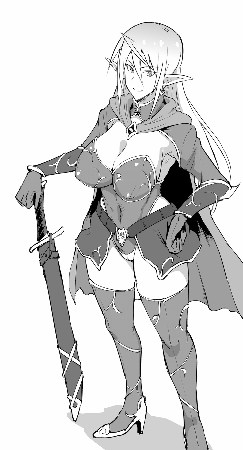 ahoge bangs belt breasts cape cleavage covered_navel elf eyebrows_visible_through_hair fan_no_hitori gloves greyscale high_heels highres large_breasts long_hair looking_at_viewer monochrome original pointy_ears sword thighhighs weapon