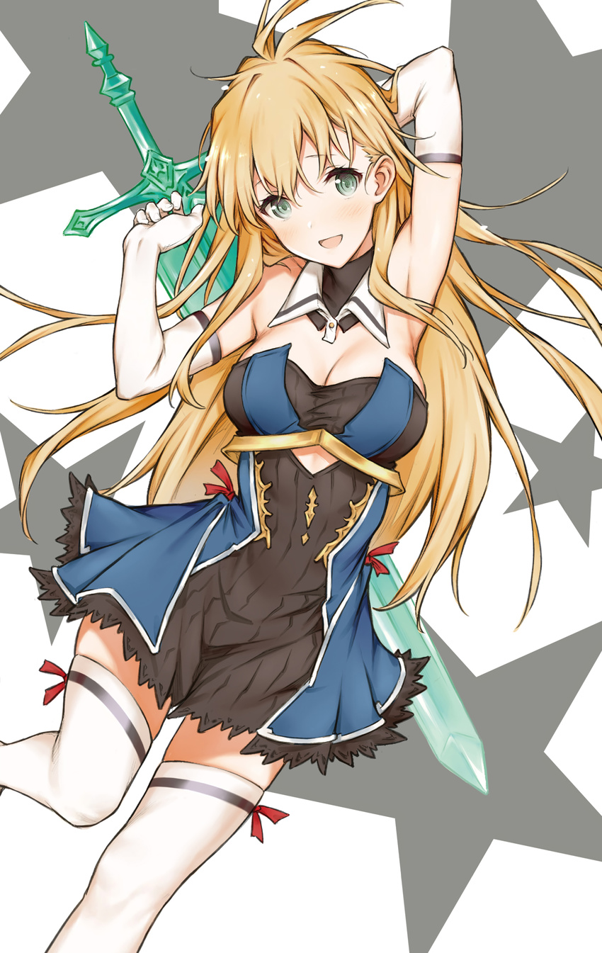 :d absurdres ahoge arm_behind_head armpits arms_up bare_shoulders blonde_hair breasts cleavage cosplay detached_collar dress dutch_angle elbow_gloves gamers! gloves granblue_fantasy green_eyes highres large_breasts long_hair looking_at_viewer non-web_source open_mouth saboten short_dress sidelocks simple_background smile solo star sword tendou_karen thighhighs underbust very_long_hair weapon white_gloves white_legwear zettai_ryouiki zooey_(granblue_fantasy) zooey_(granblue_fantasy)_(cosplay)