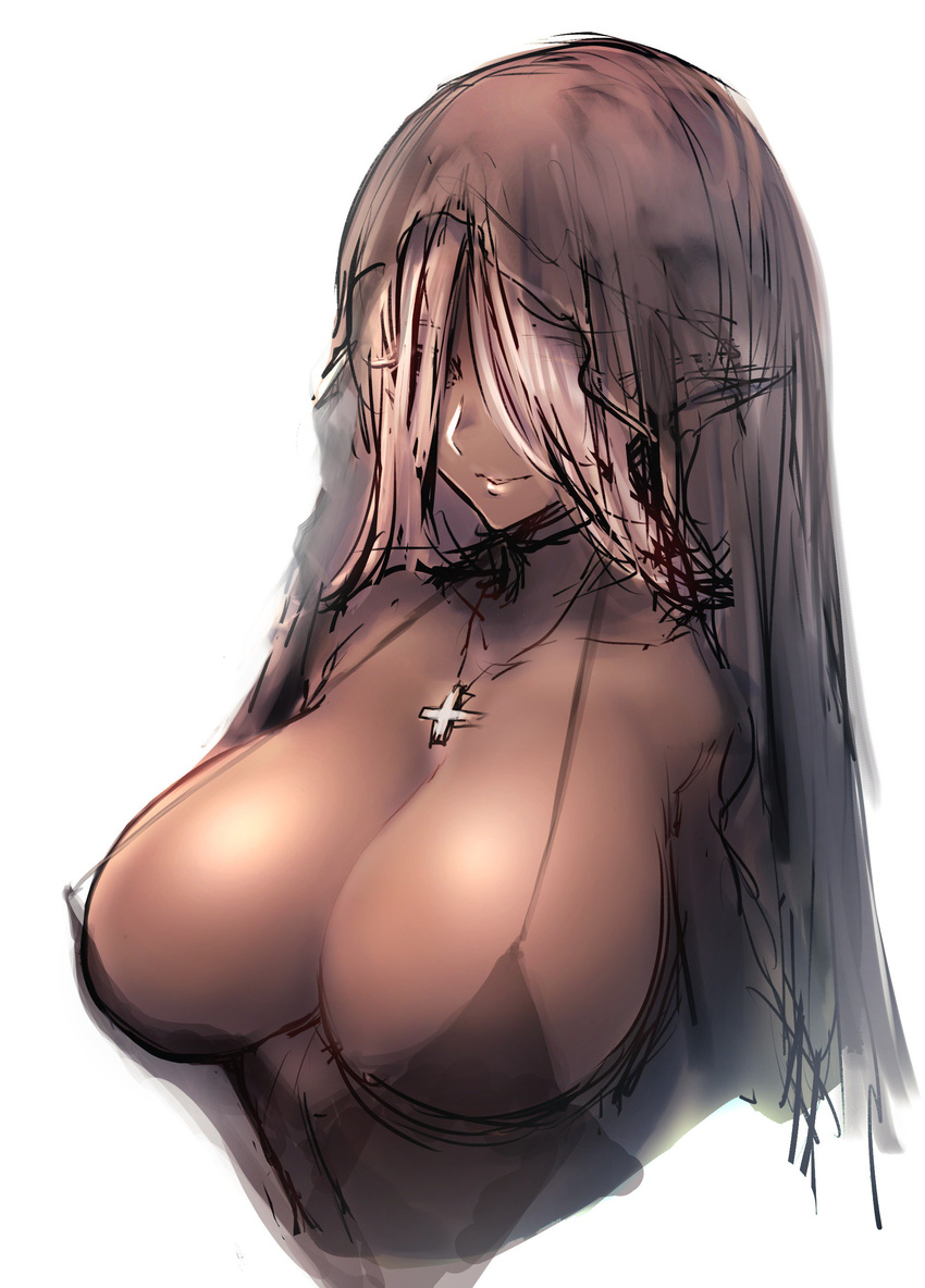 absurdres bangs black_dress breasts commentary_request covered_eyes cropped_torso cross cross_necklace dark_skin dress elf hair_over_eyes highres hometa huge_breasts jewelry necklace parted_bangs parted_lips pointy_ears simple_background sketch smile solo veil white_background