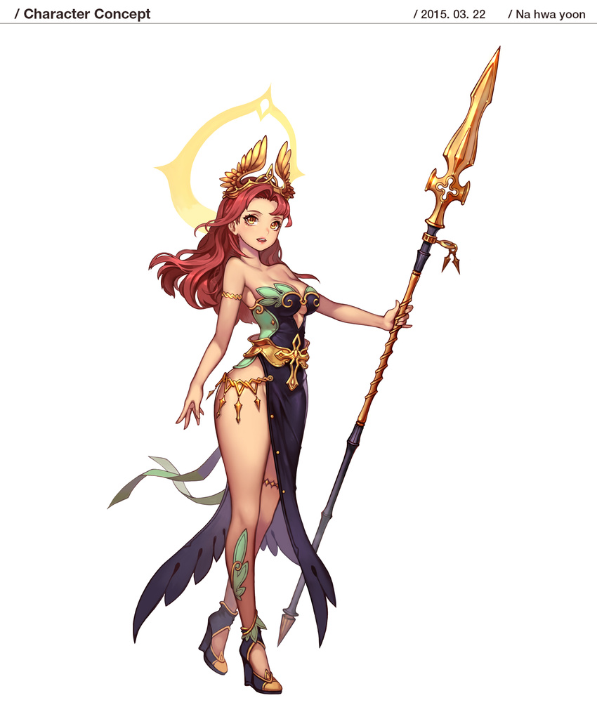 armlet bare_shoulders breasts cleavage dated dress full_body halo hanon_noa high_heels highres long_hair looking_at_viewer medium_breasts open_mouth original pinky_out polearm red_hair side_slit simple_background solo spear standing strapless strapless_dress thighlet tiara weapon white_background yellow_eyes