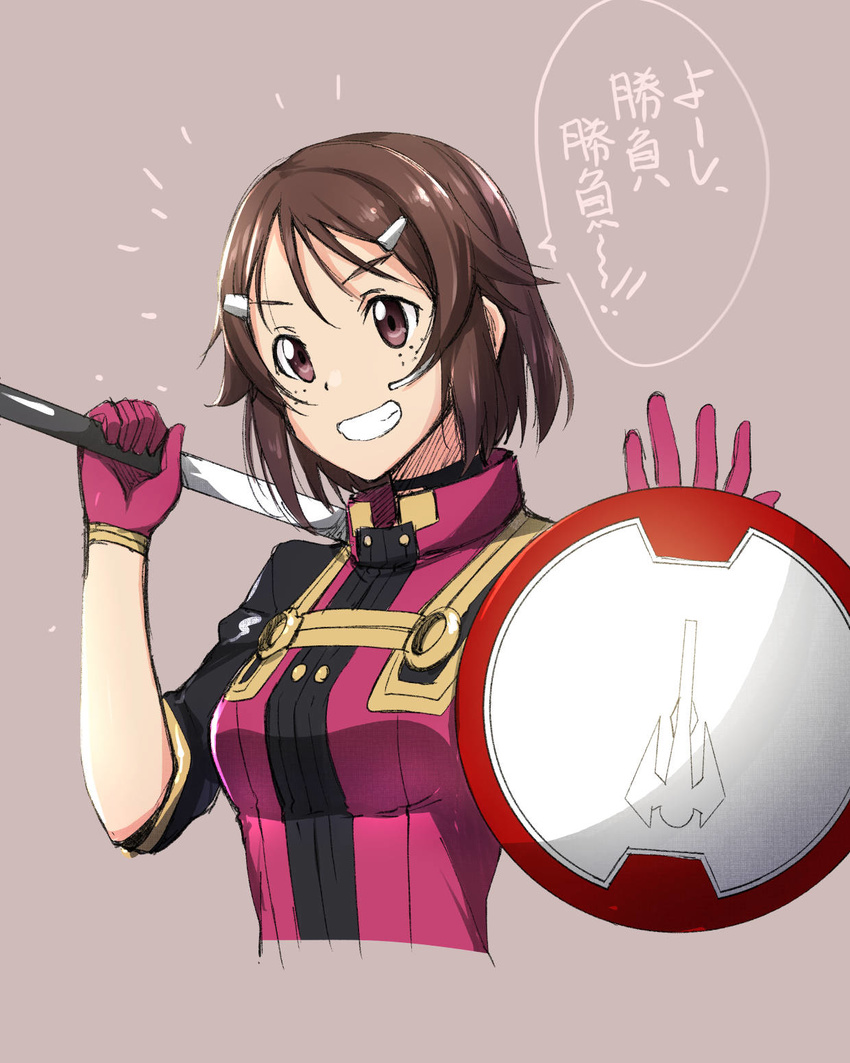 augma brown_eyes brown_hair cropped_torso gloves grey_background grin hair_ornament hairclip highres holding holding_shield holding_weapon lisbeth red_gloves shield short_hair simple_background sketch smile solo sword_art_online upper_body weapon yu-ta