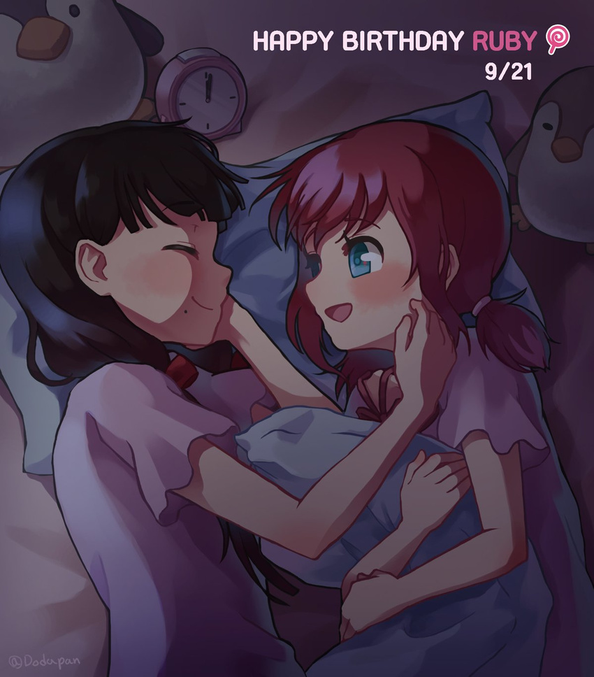 :d ^_^ alarm_clock aqua_eyes bangs black_hair blush character_name chin_rest clock closed_eyes dated dodapan hair_over_shoulder hand_on_another's_cheek hand_on_another's_face happy_birthday highres kurosawa_dia kurosawa_ruby long_hair looking_at_another love_live! love_live!_sunshine!! low-tied_long_hair lying mole mole_under_mouth multiple_girls night on_side open_mouth pajamas pillow pillow_hug shared_pillow short_sleeves siblings sisters smile stuffed_animal stuffed_penguin stuffed_toy twintails twitter_username