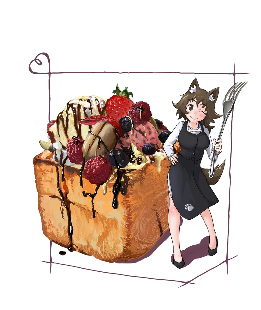 absurdres animal_ears apron bangs black_apron black_footwear blackberry_(fruit) blush brown_eyes brown_hair cake closed_mouth commentary_request doitsuken dot_nose eyebrows_visible_through_hair food fork fruit hand_on_hip highres holding holding_fork long_hair looking_at_viewer minigirl one_eye_closed original shirt shoes simple_background smile solo standing strawberry tail white_background white_shirt