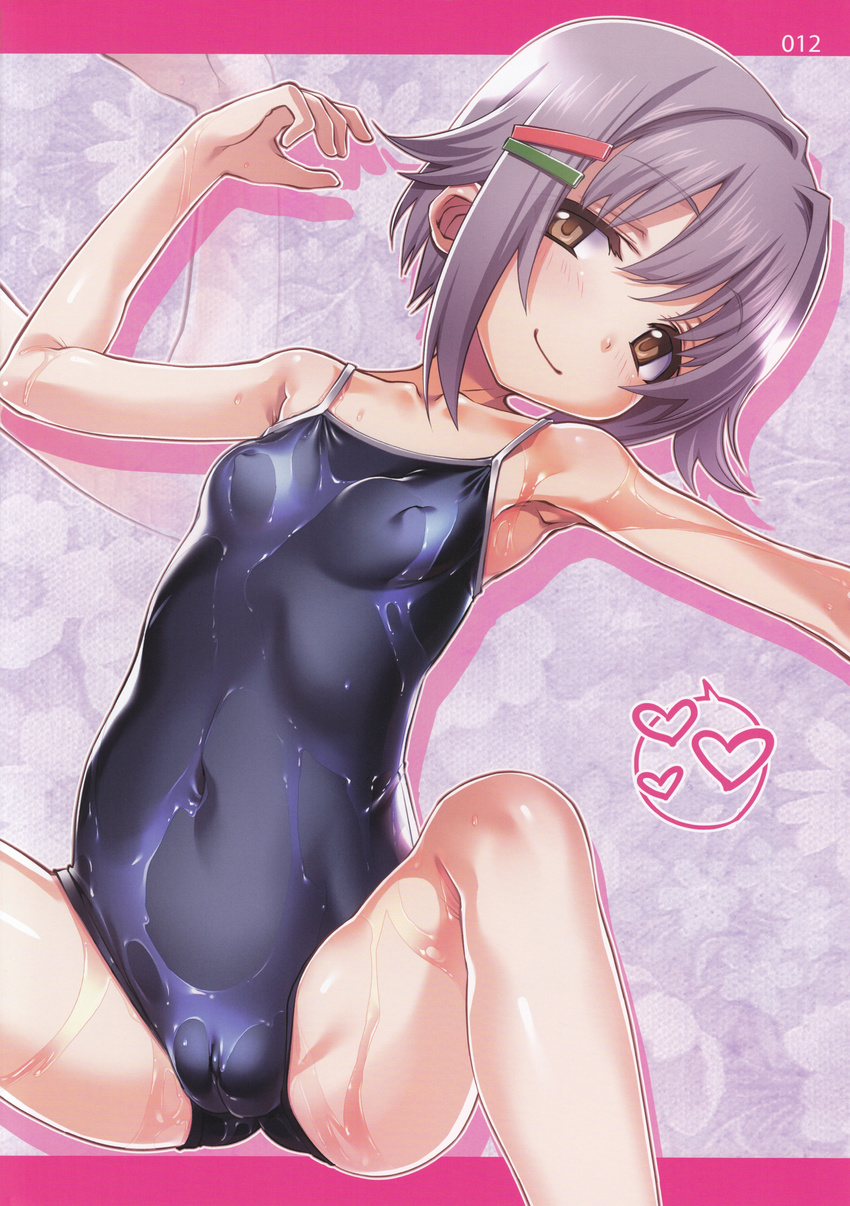absurdres armpits bare_shoulders blue_swimsuit blush breasts brown_eyes cameltoe closed_mouth collarbone competition_school_swimsuit covered_clitoris covered_navel covered_nipples eyebrows_visible_through_hair eyes_visible_through_hair hair_ornament hairclip heart highres huge_filesize idolmaster idolmaster_cinderella_girls koshimizu_sachiko looking_at_viewer lotion one-piece_swimsuit purple_hair sakuya_tsuitachi scan shiny shiny_hair shiny_skin short_hair small_breasts smile solo spread_legs swimsuit zoom_layer