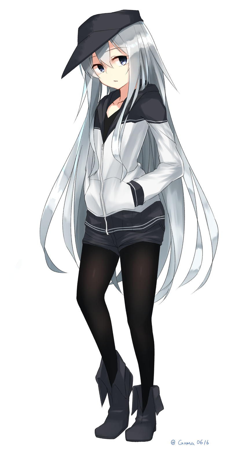 alternate_costume black_footwear black_hat black_legwear black_shorts blue_eyes collarbone commentary_request dated eyebrows_visible_through_hair flat_cap full_body goma0616 hair_between_eyes hands_in_pockets hat hibiki_(kantai_collection) highres hood hoodie kantai_collection long_hair looking_at_viewer pantyhose pantyhose_under_shorts parted_lips shoes short_shorts shorts signature silver_hair simple_background solo standing sweater very_long_hair white_background white_sweater
