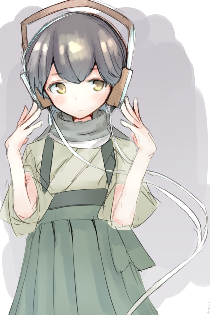 absurdres black_hair brown_eyes chousatou cowboy_shot folded_ponytail green_hakama green_kimono grey_scarf hakama hakama_skirt headphones highres japanese_clothes kantai_collection kasuga_maru_(kantai_collection) kimono long_hair looking_at_viewer remodel_(kantai_collection) scarf solo taiyou_(kantai_collection)