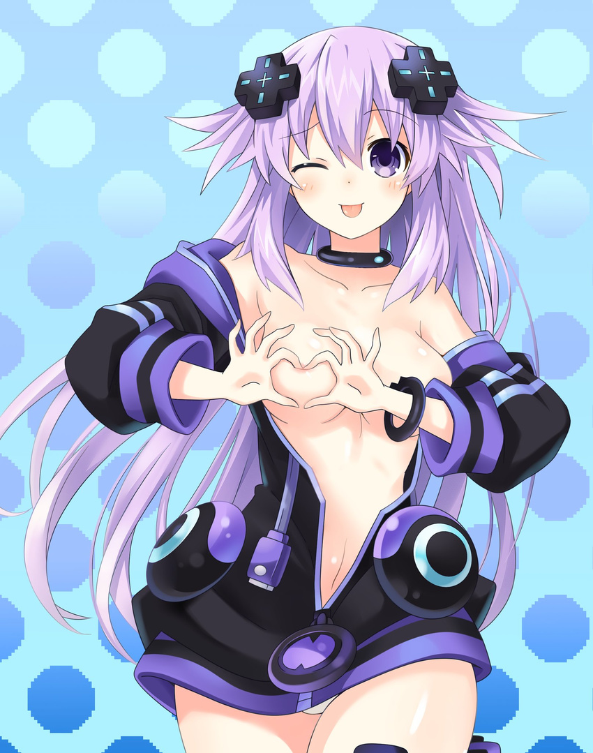 :p adult_neptune bare_shoulders blush breasts cleavage collarbone cowboy_shot d-pad d-pad_hair_ornament fingerless_gloves gloves hair_ornament hairclip heart heart-shaped_boob_challenge heart_hands highres hood hooded_jacket hooded_track_jacket hoodie jacket long_hair looking_at_viewer medium_breasts midriff naked_hood navel neptune_(series) no_bra one_eye_closed open_clothes open_jacket open_mouth pointing pointing_at_viewer purple_eyes purple_hair shin_jigen_game_neptune_vii shiny shiny_clothes shiny_hair shiny_skin short_hair smile solo stomach thighhighs tied_hair tongue tongue_out track_jacket twintails zero_(ray_0805)