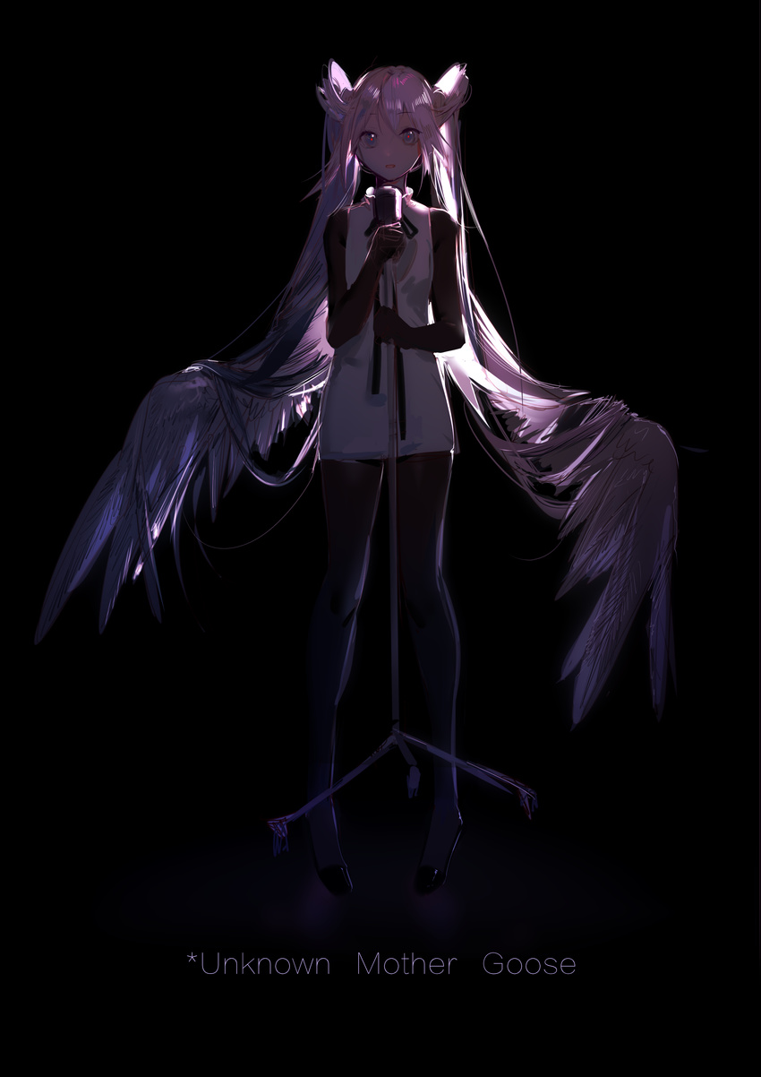 absurdres backlighting bird_wings black_background black_footwear black_ribbon blue_eyes bodystocking collared_dress copyright_name dark dress eyebrows_visible_through_hair full_body glowing glowing_eyes glowing_wings hair_between_eyes hatsune_miku high_heels highres holding holding_microphone long_hair long_ribbon microphone microphone_stand neck_ribbon open_mouth purple_hair ribbon shoes short_dress sketch sleeveless sleeveless_dress solo standing twintails unknown_mother_goose_(vocaloid) very_long_hair vocaloid white_dress wings yyb