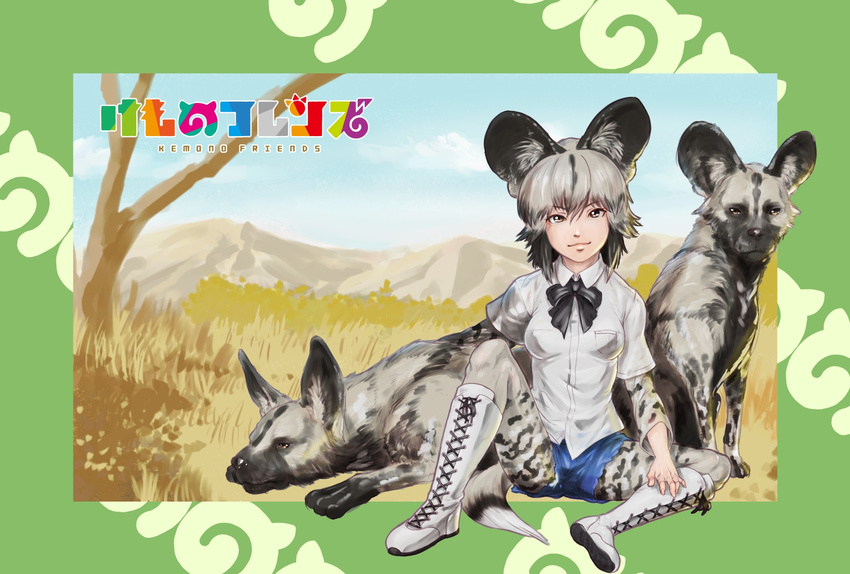 :3 african_wild_dog african_wild_dog_(kemono_friends) african_wild_dog_print animal_ears baten_(gei-vorugu) black_bow black_hair black_neckwear blue_sky boots bow bowtie breast_pocket brown_eyes cloud commentary_request copyright_name cross-laced_footwear day dog_ears dog_tail grass grey_hair hand_on_own_knee highres japari_symbol kemono_friends knee_boots looking_at_viewer mountain multicolored multicolored_clothes multicolored_hair multicolored_legwear outdoors pantyhose pantyhose_under_shorts pocket print_legwear savannah shirt short_hair short_shorts shorts sitting sky solo spread_legs tail tree v-shaped_eyebrows white_footwear white_shirt