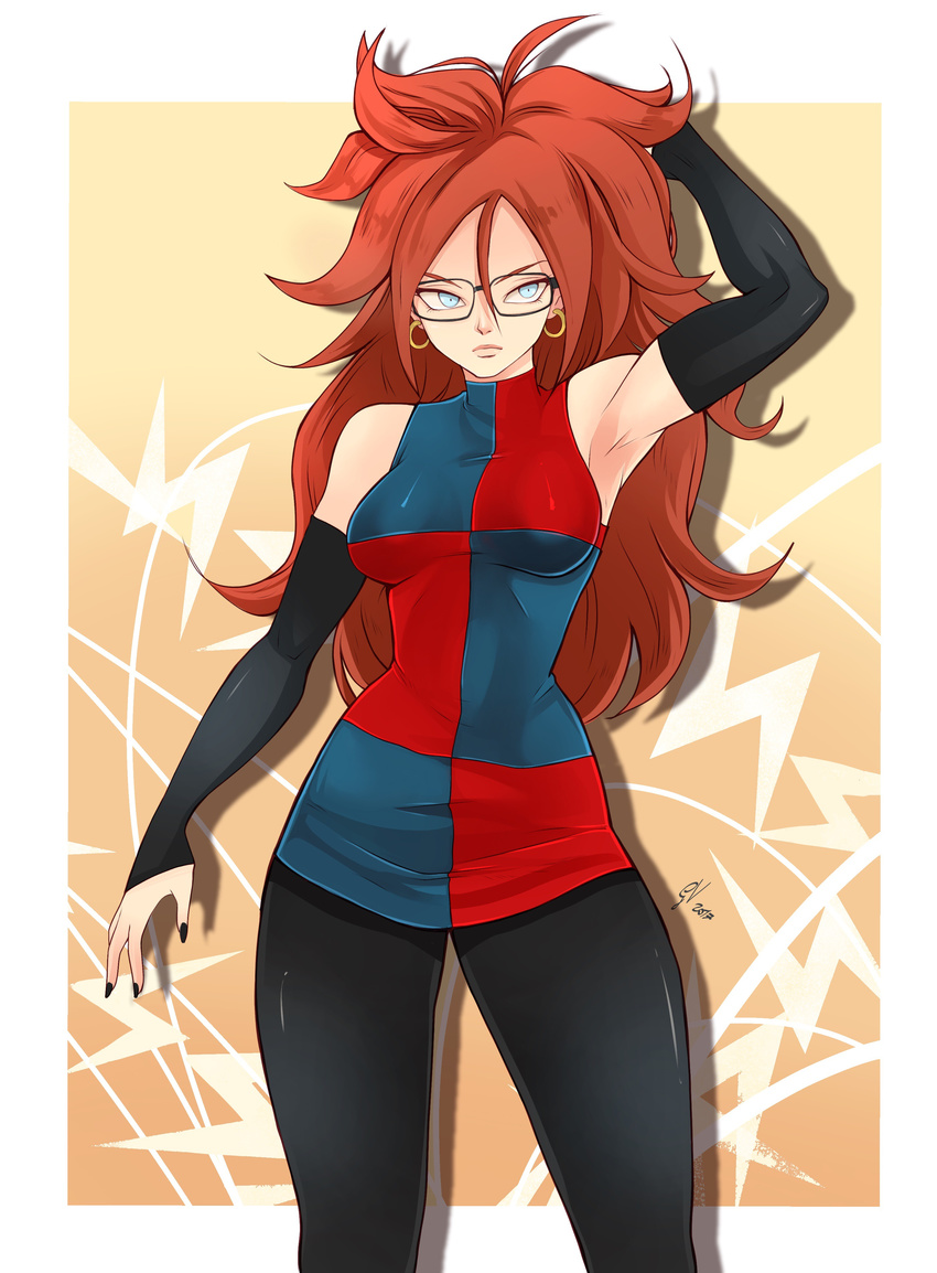 absurdres android_21 armpits bare_shoulders black-framed_eyewear blue_eyes breasts brown_hair curly_hair detached_sleeves dragon_ball dragon_ball_fighterz dress earrings giulia_valeriani glasses highres hoop_earrings jewelry long_hair looking_at_viewer medium_breasts nail_polish pantyhose red_hair solo