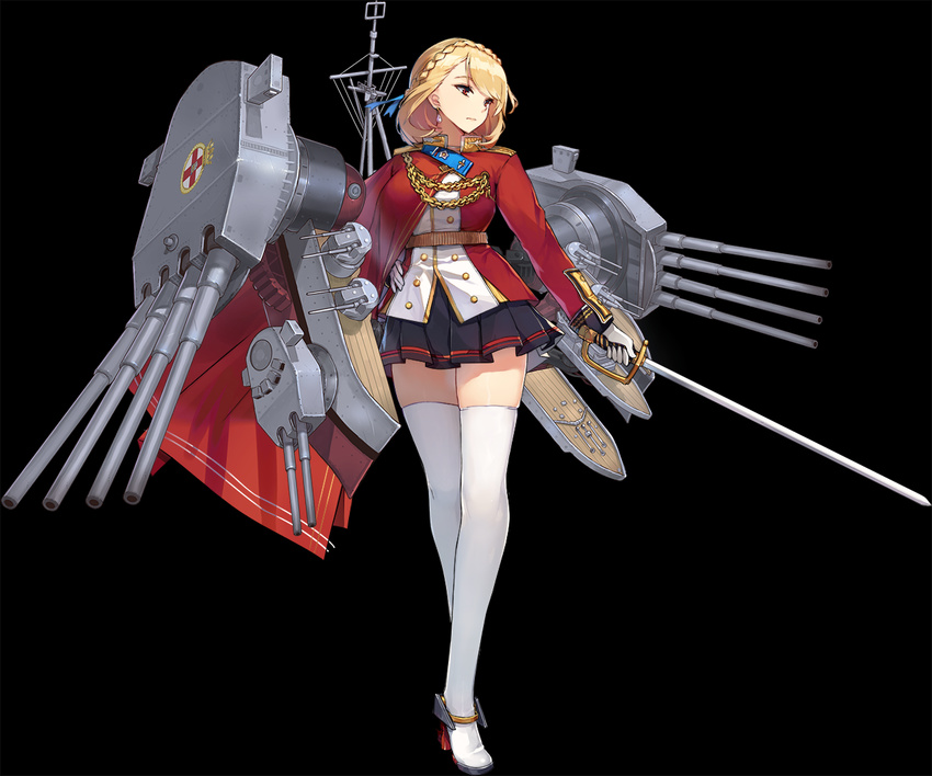 azur_lane belt black_background black_skirt blonde_hair cannon cape closed_mouth commentary_request earrings enka_(bcat) epaulettes full_body gloves hand_on_hip high_heels holding holding_sword holding_weapon jacket jewelry long_sleeves looking_to_the_side machinery medium_hair miniskirt pleated_skirt prince_of_wales_(azur_lane) rapier red_jacket simple_background skirt solo standing sword thighhighs walking weapon white_gloves white_legwear zettai_ryouiki
