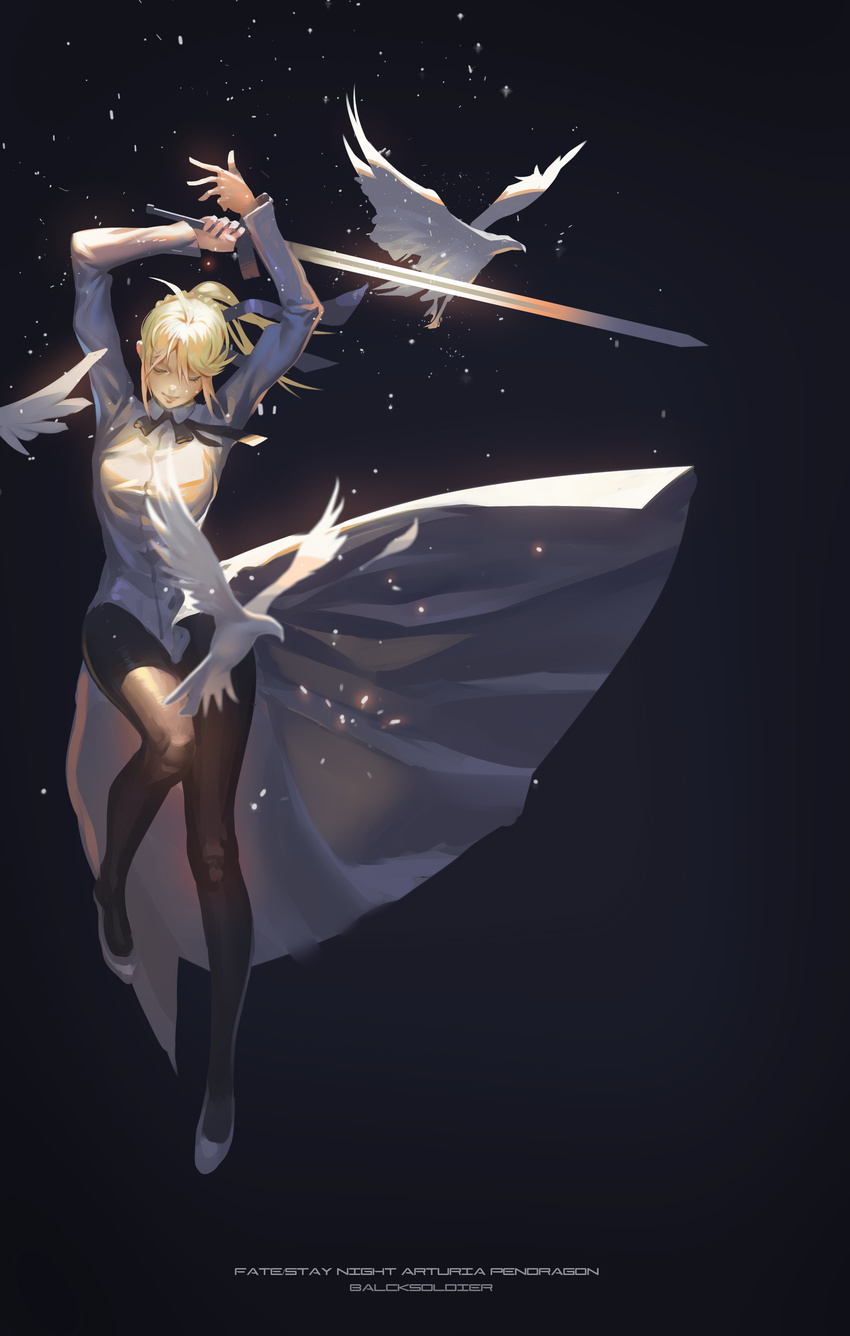 absurdres ahoge artist_name artoria_pendragon_(all) bird black_background black_legwear black_soldier blonde_hair blue_dress blue_jacket breasts character_name closed_eyes closed_mouth commentary_request copyright_name dove dress excalibur fate/stay_night fate_(series) full_body hands_up highres holding holding_sword holding_weapon jacket leotard long_sleeves medium_breasts saber shoes simple_background solo sword weapon white_footwear
