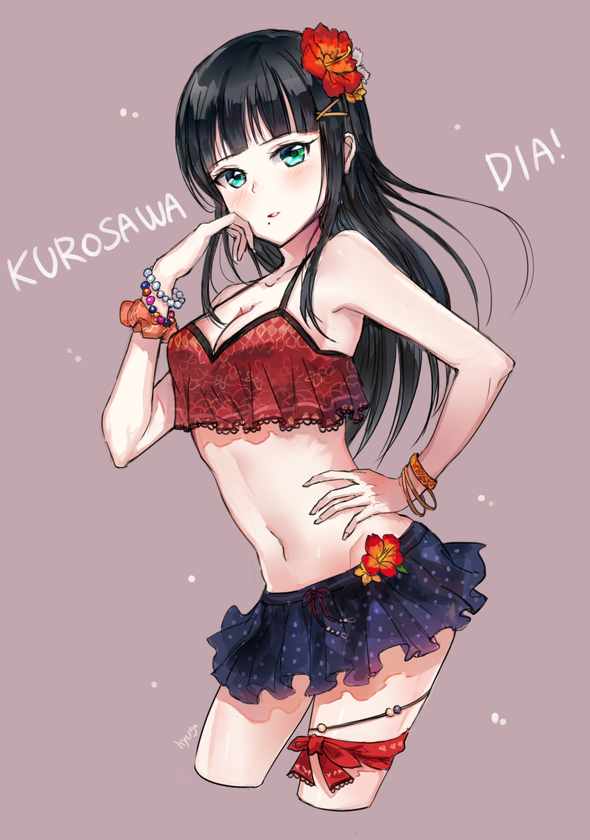 absurdres aqua_eyes bangs bikini_skirt black_hair blunt_bangs blush bracelet breasts character_name cleavage flower grey_background hair_flower hair_ornament hairpin hand_on_hip hand_on_own_face highres hyugo jewelry kurosawa_dia long_hair looking_at_viewer love_live! love_live!_sunshine!! md5_mismatch medium_breasts midriff mole mole_under_mouth navel parted_lips pearl_bracelet purple_background red_scrunchie ribbon scrunchie simple_background solo swimsuit tankini thigh_ribbon thighlet wrist_scrunchie wristband