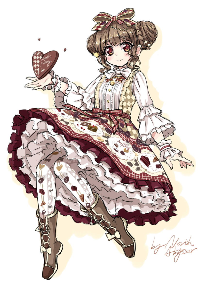 angelic_pretty bangs blush boots bow bowtie braid braided_bun brown_hair cake_print checkerboard_cookie_hair_ornament chocolate chocolate_heart cookie_hair_ornament double_bun dress food_print food_themed_hair_ornament frilled_cuffs frilled_dress frilled_sleeves frills hair_bow hair_ornament heart highres lolita_fashion long_sleeves looking_at_viewer north_abyssor original pantyhose petticoat print_dress print_legwear red_eyes sidelocks signature simple_background sketch smile solo white_background white_bow white_neckwear wrist_cuffs