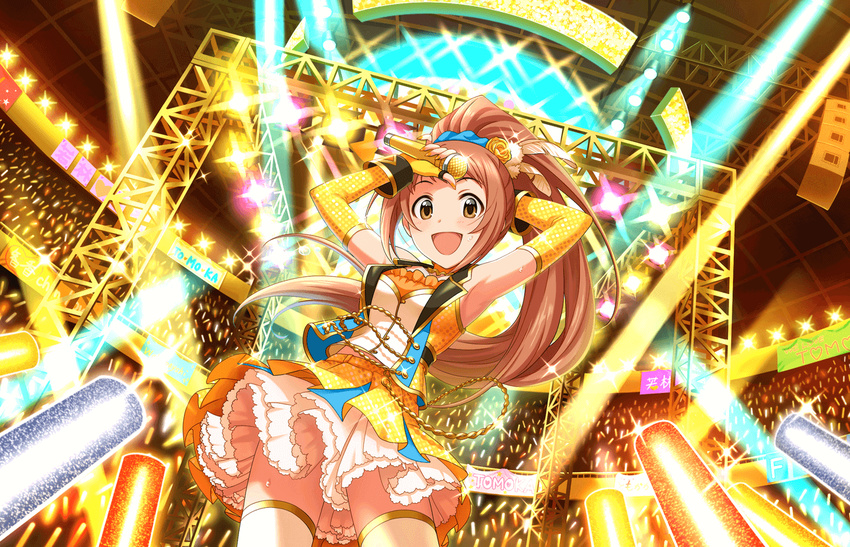 armpits arms_up artist_request audience blush brown_eyes brown_hair elbow_gloves fingerless_gloves gloves glowstick idolmaster idolmaster_cinderella_girls idolmaster_cinderella_girls_starlight_stage jpeg_artifacts long_hair looking_at_viewer microphone official_art open_mouth outside_border ponytail skirt solo source_request star thighhighs very_long_hair wakabayashi_tomoka yellow_gloves zettai_ryouiki