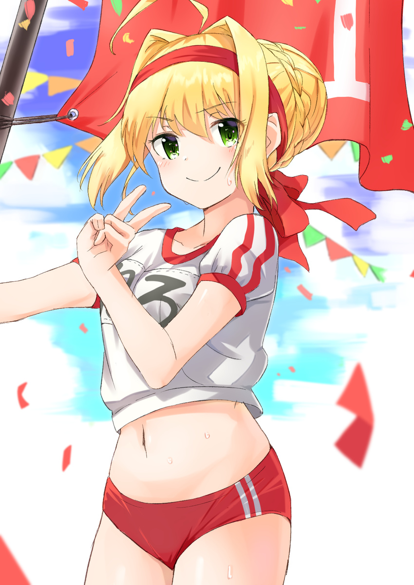 ahoge bad_id bad_pixiv_id bangs blonde_hair blush braid buruma c: closed_mouth commentary_request confetti cowboy_shot crop_top eyebrows_visible_through_hair fate/grand_order fate_(series) flag french_braid green_eyes gym_shirt gym_uniform hair_between_eyes hair_bun hair_intakes hair_ribbon hairband hand_up highres holding holding_flag looking_at_viewer navel nero_claudius_(fate) nero_claudius_(fate)_(all) olympian_bloomers pennant red_buruma red_ribbon ribbon shirt short_sleeves sidelocks smile solo sports_festival string_of_flags thighs tsukiman v white_shirt