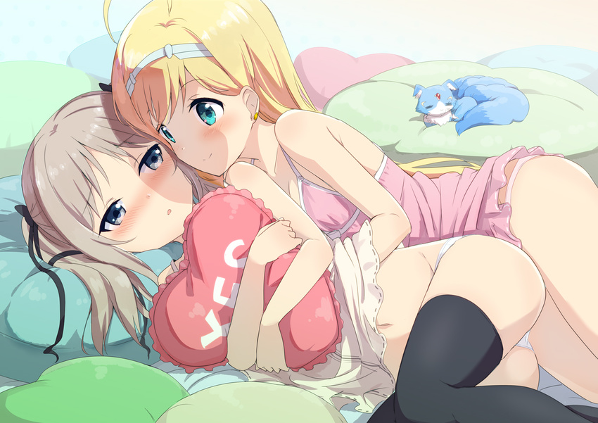 ahoge animal ass bed black_legwear blonde_hair blue_eyes blush brown_hair commentary_request couple dress eyebrows_visible_through_hair gochou_(atemonai_heya) green_eyes grey_hair groping hair_ornament hair_ribbon hairband half-closed_eyes hand_on_another's_chest hand_under_clothes hina_logi_-_from_luck_&amp;_logic holding hug hug_from_behind lingerie liones_yelistratova long_hair looking_at_another luck_&amp;_logic lying multiple_girls navel nina_alexandrovna on_side panties parted_lips pillow pillow_hug pink_dress pink_panties ribbon shiny shiny_hair smile spooning thighhighs twintails underwear white_dress white_panties yes yes-no_pillow yuri
