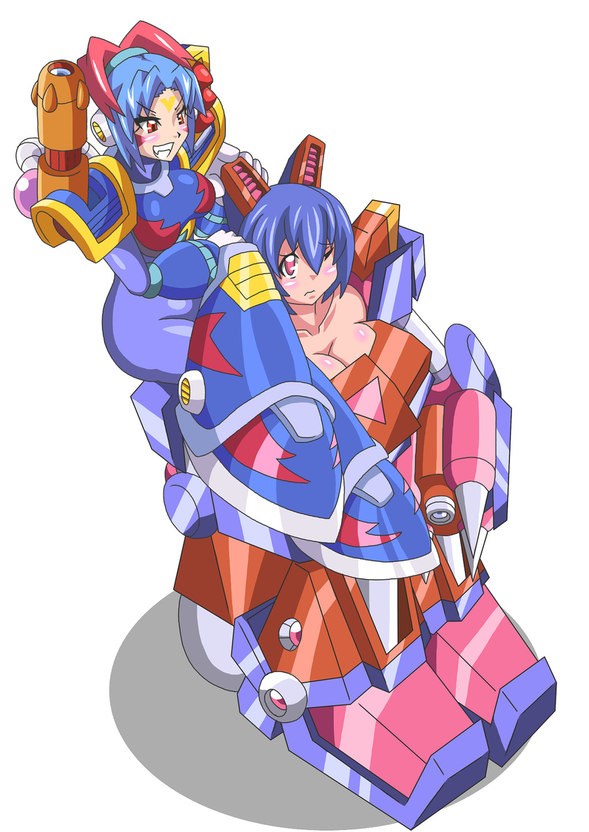 2girls armor blue_hair blush breasts buti-yu facial_mark frown genderswap grin missile multiple_girls one_eye_closed orange_eyes personification pink_eyes rocket_launcher rockman rockman_x short_hair shoulder_cannon sitting_on_shoulder vava weapon