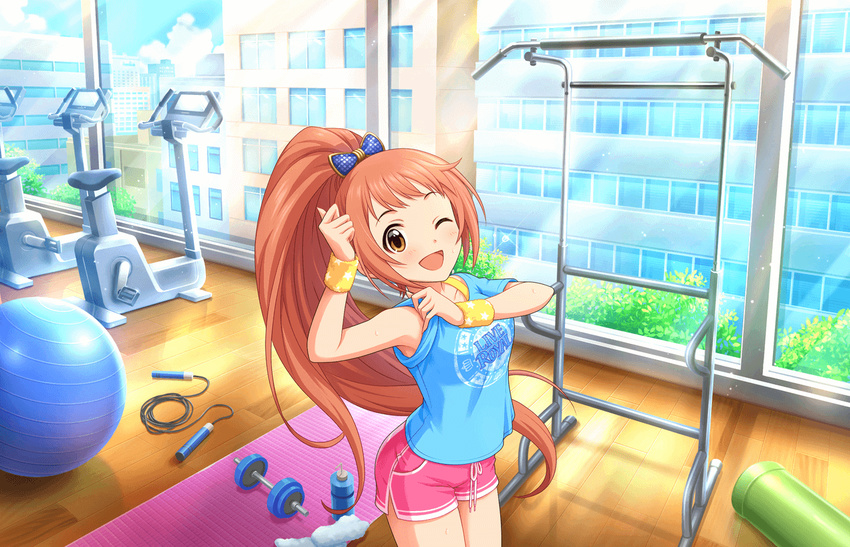 artist_request blush brown_eyes idolmaster idolmaster_cinderella_girls idolmaster_cinderella_girls_starlight_stage indoors jpeg_artifacts long_hair looking_at_viewer official_art one_eye_closed open_mouth orange_hair outside_border ponytail shorts solo source_request star sweat very_long_hair wakabayashi_tomoka weights wristband