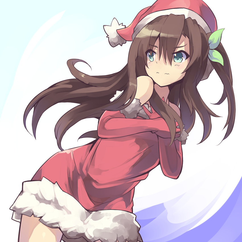 bare_shoulders blush bow brown_hair christmas green_eyes hair_between_eyes hair_bow hair_ornament hands_on_own_chest hat highres if_(choujigen_game_neptune) long_hair neptune_(series) normaland santa_costume santa_hat solo wavy_mouth