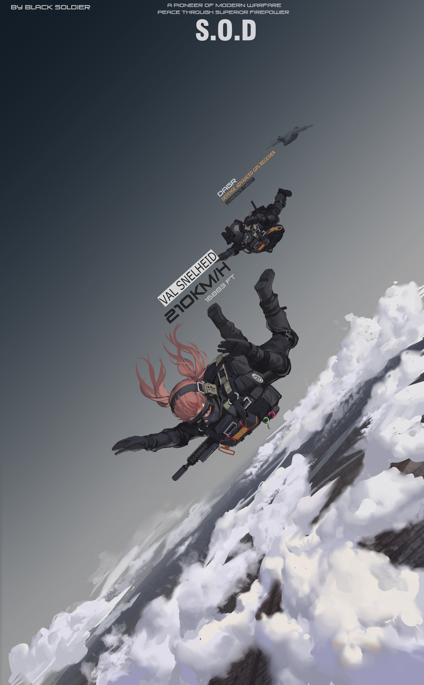 above_clouds absurdres aircraft airplane artist_name assault_rifle backpack bag bangs belt black_footwear black_gloves black_jacket black_pants black_soldier boots commentary_request dutch_angle english face_mask falling floating_hair gloves goggles goggles_on_head gradient_sky grey_sky gun helmet highres jacket knee_pads long_hair looking_at_viewer mask military multiple_girls pants pink_hair pouch red_eyes rifle sky skydive twintails weapon