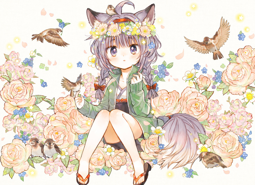 1girl ahoge animal animal_ears animal_on_head bare_legs bird bird_on_finger bird_on_head blush bow braid floral_print flower flower_wreath fox_ears fox_tail full_body green_jacket hair_bow hairband head_wreath highres itou_hachi jacket knees_together_feet_apart knees_up lavender_hair long_hair long_sleeves looking_at_viewer on_head parted_lips petals purple_eyes rose sandals sitting sleeves_past_wrists solo sparrow star tail torikago_scrap_march track_jacket twin_braids white_background