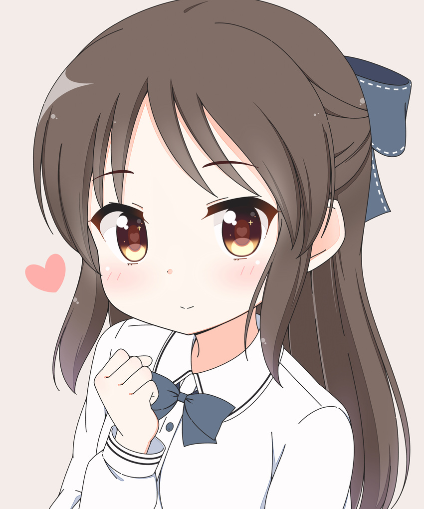 absurdres bad_id bad_pixiv_id blue_bow blush bow brown_eyes brown_hair closed_mouth eyebrows_visible_through_hair hair_bow heart heart-shaped_pupils highres idolmaster idolmaster_cinderella_girls kurea_(a114019) long_hair long_sleeves looking_at_viewer smile solo symbol-shaped_pupils tachibana_arisu upper_body