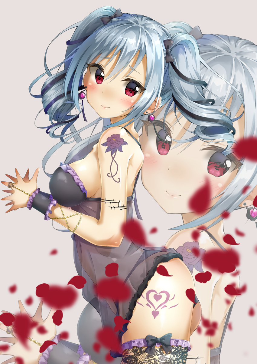 ass babydoll bad_hands bangs bare_shoulders black_bow black_panties blurry blush bow breasts closed_mouth commentary_request depth_of_field earrings eyebrows_visible_through_hair from_side hair_bow hands_up heart_tattoo highres idolmaster idolmaster_cinderella_girls jewelry kanzaki_ranko kuria_(clear_trip_second) lace lace_legwear leg_tattoo lingerie long_hair looking_at_viewer medium_breasts panties petals purple_eyes ringlets shoulder_tattoo sideboob sidelocks smile solo tattoo thighhighs thighs twintails underwear zoom_layer