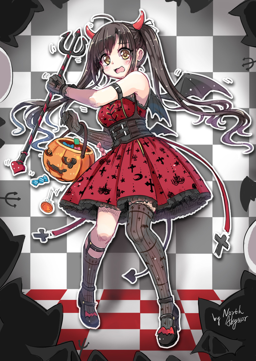 ahoge angelic_pretty arm_strap asymmetrical_legwear bangs bat black_footwear black_gloves black_hair blush brown_eyes bucket candy checkered checkered_background corset cross_print demon_horns demon_tail demon_wings dress food full_body gloves halloween halloween_basket highres horns jack-o'-lantern kneehighs lolita_fashion lollipop long_hair looking_at_viewer mary_janes north_abyssor open_mouth original outline polearm print_dress red_dress scared shoes signature single_kneehigh single_thighhigh sketch sock_garters standing striped striped_legwear tail tears thighhighs trapped trident twintails underbust vertical-striped_legwear vertical_stripes wavy_mouth weapon white_outline wings