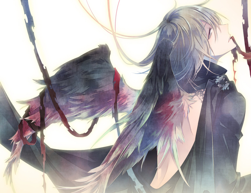 backless_dress backless_outfit bandages black_dress black_wings dress feathered_wings from_behind gradient gradient_background grey_eyes grey_hair kuroyuki long_hair looking_to_the_side male_focus mouth_hold original profile solo white_background wings