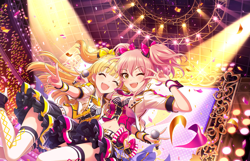 ankle_boots artist_request bangs belt blonde_hair blunt_bangs blush boots bow breasts cleavage confetti earrings eyelashes fangs fingernails hair_between_eyes hair_bow heart heart_earrings holding holding_microphone idol idolmaster idolmaster_cinderella_girls idolmaster_cinderella_girls_starlight_stage jacket jewelry jougasaki_mika jougasaki_rika jumping long_fingernails looking_at_viewer matching_outfit medium_breasts microphone midriff multiple_girls nail_polish navel necktie official_art one_eye_closed open_mouth pink_hair raised_eyebrows short_sleeves siblings sisters smile stage sweat teeth thighhighs twintails two_side_up v white_legwear yellow_eyes zettai_ryouiki