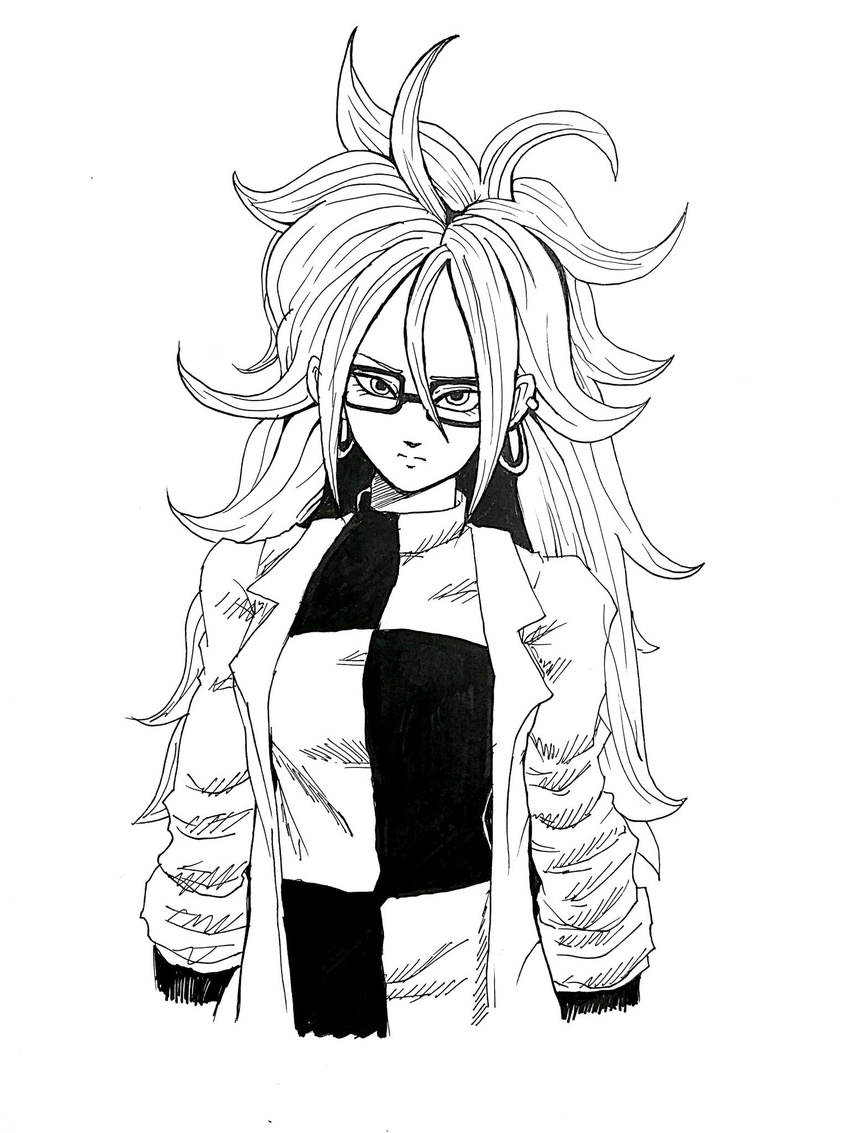 android_21 black-framed_eyewear breasts curly_hair dragon_ball dragon_ball_fighterz dress earrings glasses greyscale highres hoop_earrings jewelry labcoat long_hair looking_at_viewer medium_breasts monochrome solo