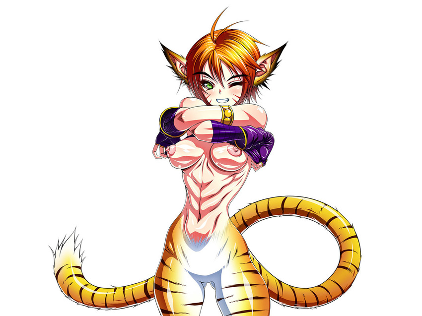animal_ears breasts breath_of_fire breath_of_fire_ii capcom cat_ears facial_mark fingerless_gloves gloves green_eyes inagaki large_breasts lift muscle nipples one_eye_closed orange_hair rinpoo_chuan shirt short_hair smile solo tail