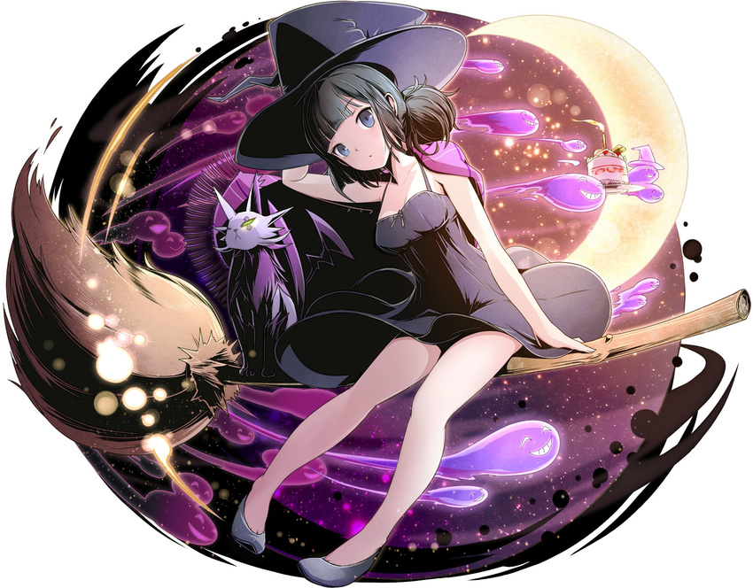 arm_up black_dress black_hair black_hat blue_eyes breasts cat cleavage collarbone divine_gate dress eyebrows_visible_through_hair hand_on_headwear hat highres long_hair looking_at_viewer medium_breasts short_dress simple_background sitting sleeveless sleeveless_dress solo ucmm white_background witch_hat