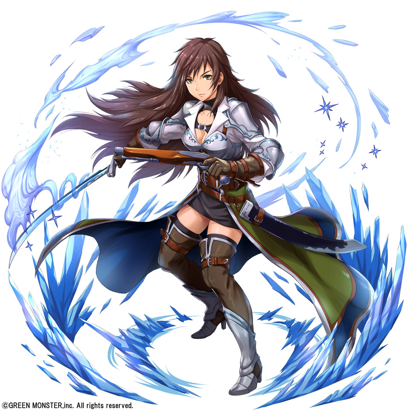 :o black_legwear breasts brown_eyes brown_gloves brown_legwear cleavage copyright_name dotour_(senkuu_no_reconquista) fantasy gloves gun highres holding holding_gun holding_sword holding_weapon long_hair long_sleeves looking_at_viewer official_art original sakiyamama senkuu_no_reconquista simple_background small_breasts solo sword thighhighs unsheathed v-shaped_eyebrows weapon white_background