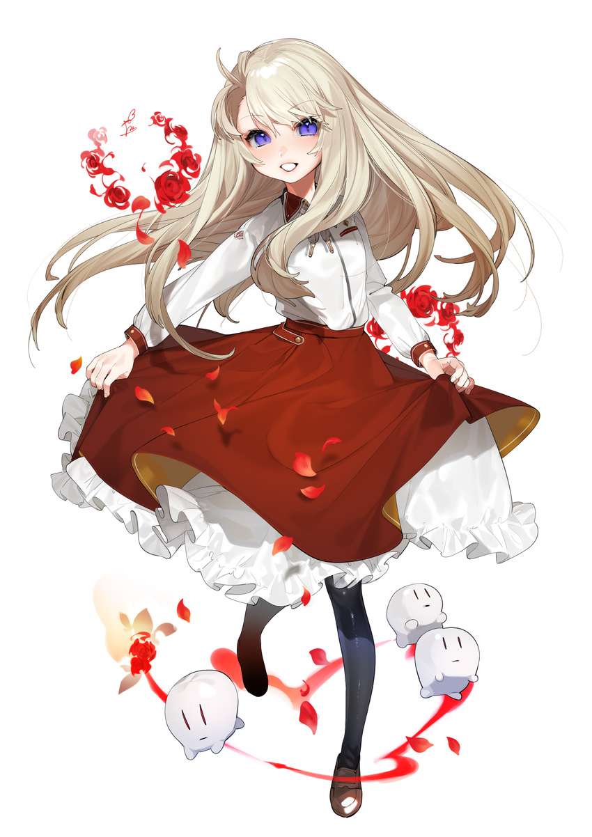 :d absurdres bad_id bad_pixiv_id bangs black_legwear blue_eyes breast_pocket brown_footwear collared_shirt creature eyebrows_visible_through_hair flower frilled_skirt frills full_body grey_hair herme_(ohisashiburi) highres long_hair long_sleeves looking_at_viewer ohisashiburi open_mouth original pantyhose petals pocket red_flower red_rose red_skirt rose shirt shoes simple_background skirt skirt_hold slit_pupils smile solo standing white_background white_shirt