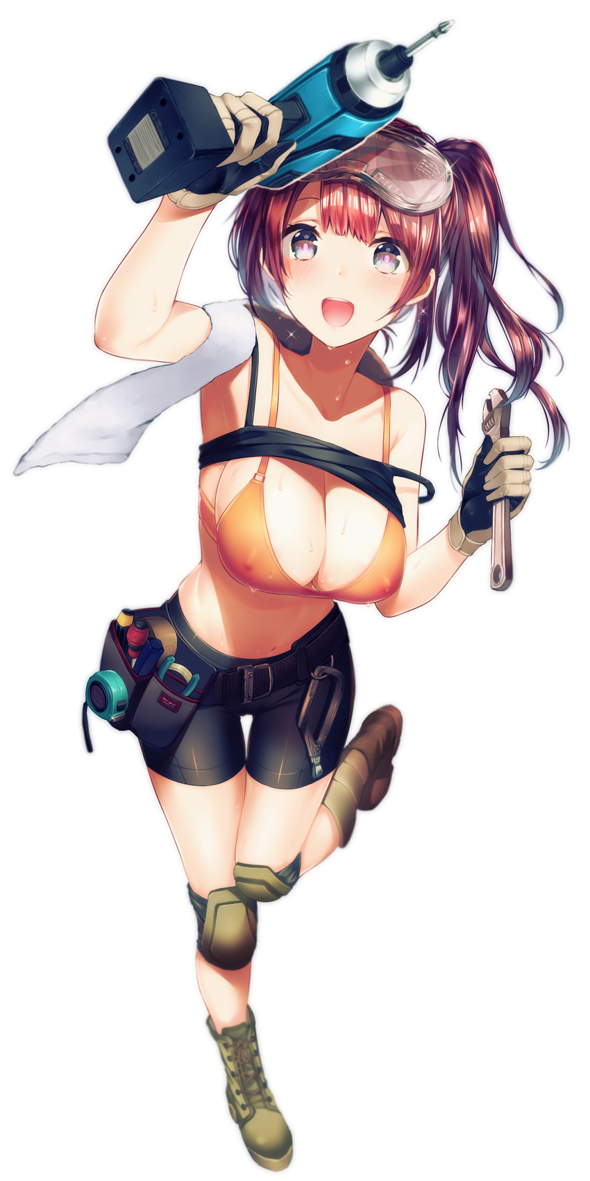 :d absurdres arm_up armpits belt bike_shorts blue_eyes boots bra breasts bright_pupils brown_gloves brown_hair camisole cleavage covered_nipples cross-laced_footwear foreshortening glint gloves goggles goggles_on_head highres knee_pads large_breasts long_hair looking_at_viewer midriff navel open_mouth orange_bra original power_drill purple_hair safety_glasses screwdriver shirt_lift side_ponytail simple_background sleeveless smile solo standing standing_on_one_leg strap_slip suihei_sen sweat tape_measure thigh_gap towel towel_around_neck underwear utility_belt white_background wrench