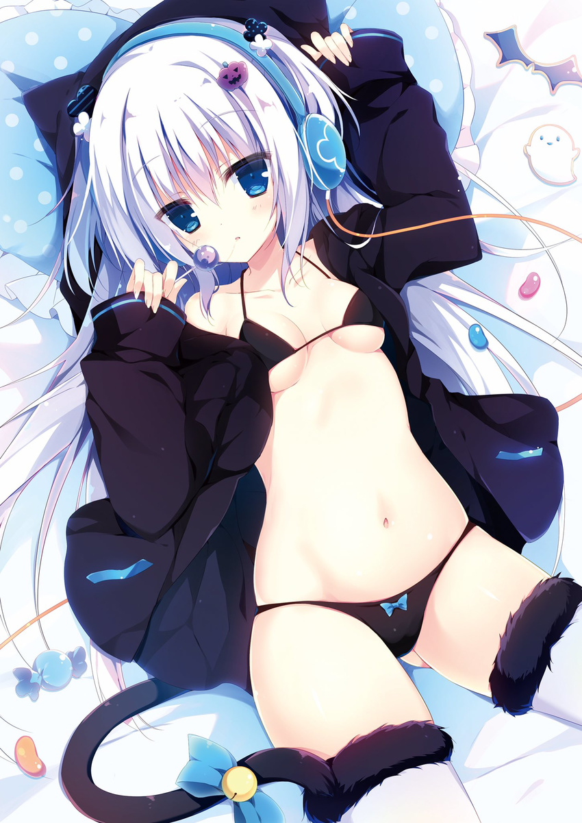 animal_ears animal_hood ass_visible_through_thighs bed_sheet bell black_bra black_panties black_sweater blue_bow blue_eyes blue_hairband bow bow_panties bra breasts candy cardigan cat_hood cat_tail collarbone cowboy_shot dutch_angle eyebrows_visible_through_hair fake_animal_ears food frilled_pillow frills from_above fur_trim hair_between_eyes hairband headphones highres holding hood hooded_sweater lollipop long_hair looking_at_viewer lowleg lying muku_(apupop) navel on_back open_cardigan open_clothes original panties parted_lips pillow saliva sideboob silver_hair small_breasts solo sweater tail tail_bell tail_bow thighhighs underwear white_legwear