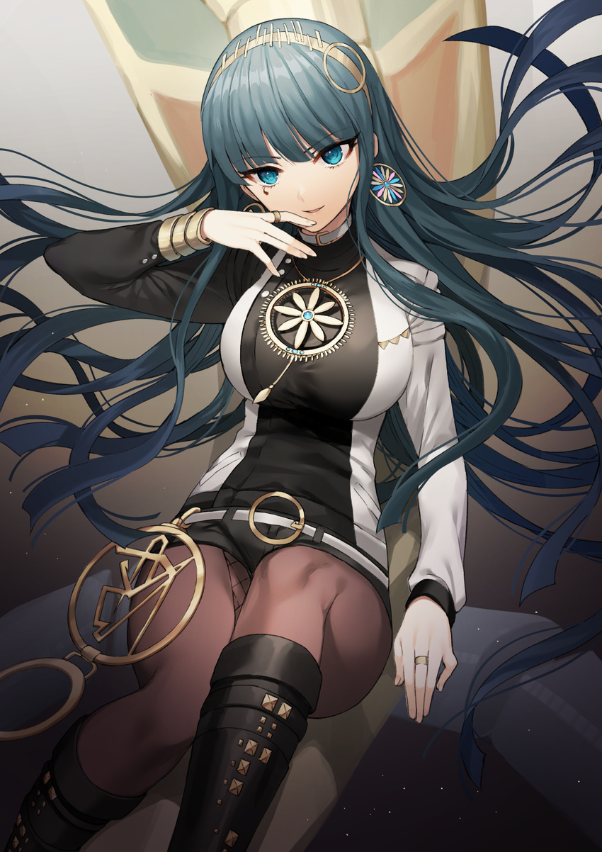 bad_id bad_pixiv_id bangs black_footwear black_shorts blue_eyes blue_hair boots breasts choker cleopatra_(fate/grand_order) commentary_request earrings eye_of_horus fate/grand_order fate_(series) floating_hair gambe headband highres jewelry knee_boots large_breasts long_hair long_sleeves looking_at_viewer pantyhose parted_lips ring short_shorts shorts sidelocks sitting smile solo tsurime turtleneck very_long_hair