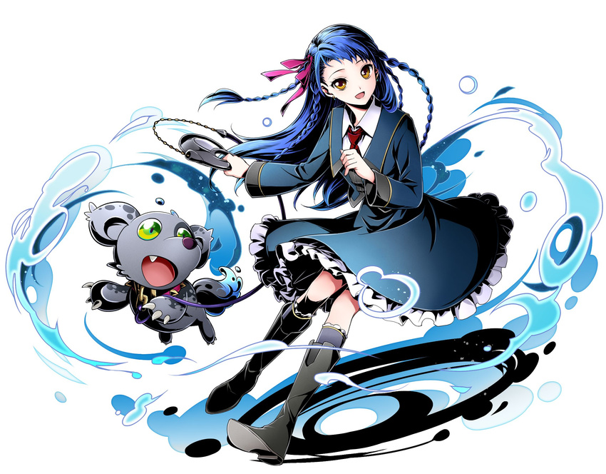 :d black_footwear black_legwear blue_dress blue_hair boots braid brown_eyes divine_gate dress floating_hair frilled_dress frills full_body hair_ribbon highres holding knee_boots kneehighs long_hair looking_at_viewer open_mouth red_neckwear red_ribbon ribbon shadow simple_background smile solo ucmm very_long_hair white_background