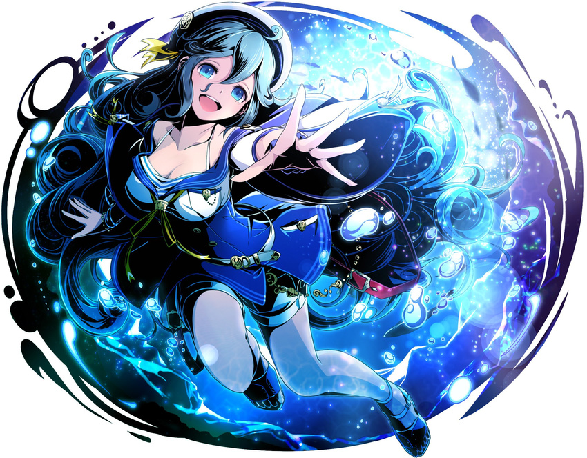 :d belt blue_eyes blue_hair blue_shorts bracelet breasts cleavage collarbone divine_gate floating_hair full_body hair_between_eyes highres jewelry large_breasts long_hair open_mouth outstretched_arm short_shorts shorts simple_background smile solo ucmm very_long_hair white_background