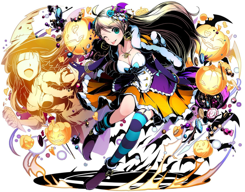 ;p ahoge blonde_hair bracelet breasts capelet cleavage divine_gate elbow_gloves floating_hair full_body garter_straps gloves green_eyes hair_ornament highres jewelry long_hair looking_at_viewer medium_breasts necklace one_eye_closed purple_gloves shadow simple_background skirt solo striped striped_legwear thighhighs tongue tongue_out ucmm very_long_hair white_background yellow_skirt
