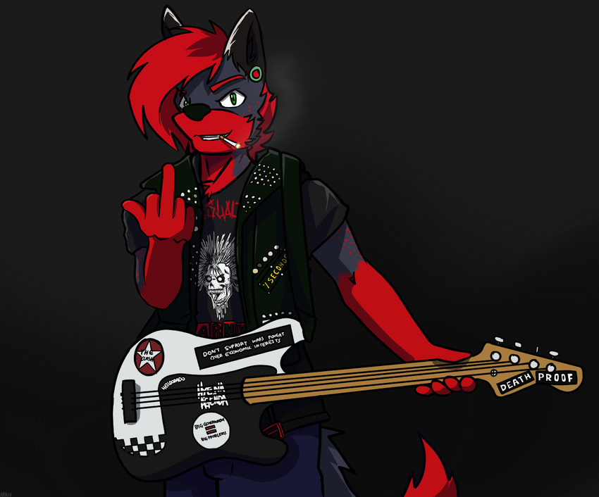 arrwulf black_fur edgelord edgy fur guitar heavy_metal hyena mammal middle_finger musical_instrument red_fur