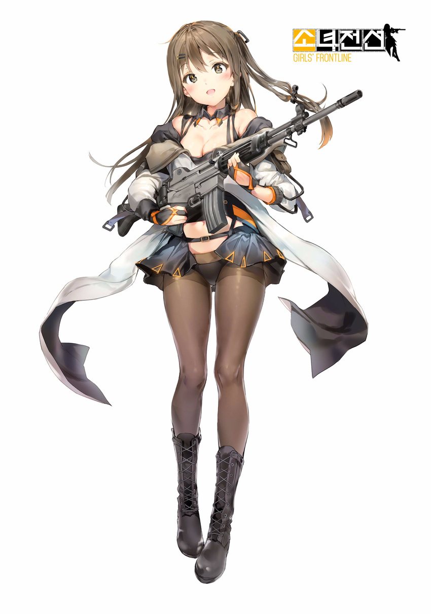 absurdres anmi assault_rifle bangs bare_shoulders black_panties blush boots breasts brown_eyes brown_hair cleavage collarbone cross-laced_footwear daewoo_k2 eyebrows_visible_through_hair fingerless_gloves full_body girls_frontline gloves gun hair_ornament hairclip highres holding holding_weapon jacket k-2_(girls_frontline) knee_boots korean lace-up_boots logo long_hair looking_at_viewer medium_breasts navel off_shoulder official_art open_mouth panties rifle simple_background smile solo standing underwear weapon white_background