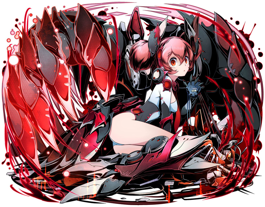 armor armored_boots ass boots breasts divine_gate eyebrows_visible_through_hair hair_between_eyes highres leotard long_hair looking_at_viewer medium_breasts parted_lips red_eyes red_hair sideboob simple_background solo twintails ucmm white_background