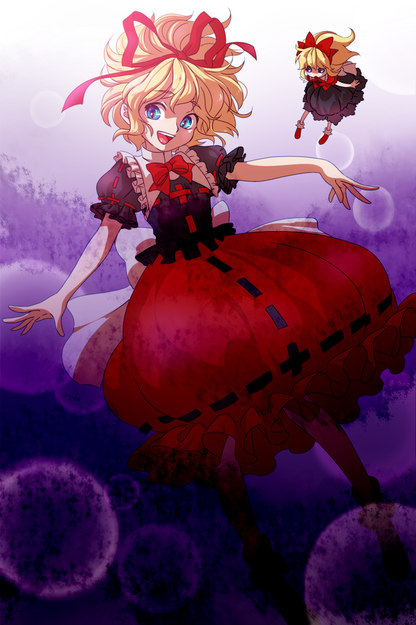 :d blonde_hair blue_eyes bow bowtie bubble_skirt doll eyebrows_visible_through_hair full_body hair_ribbon highres iyoui_(dahi_n) looking_at_viewer looking_to_the_side medicine_melancholy multiple_girls open_mouth puffy_short_sleeves puffy_sleeves red_bow red_neckwear red_ribbon red_skirt ribbon short_hair short_sleeves skirt smile su-san touhou