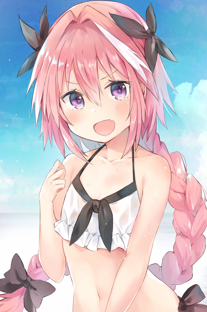 :d androgynous astolfo_(fate) black_bow blue_sky bow braid cloud cloudy_sky collarbone commentary_request crop_top day fang fate/apocrypha fate/grand_order fate_(series) hair_between_eyes hair_intakes hair_ribbon highres kusumoto_touka long_hair looking_at_viewer male_focus midriff multicolored_hair navel ocean open_mouth otoko_no_ko outdoors pink_hair purple_eyes ribbon single_braid sky smile standing streaked_hair swimsuit upper_body water